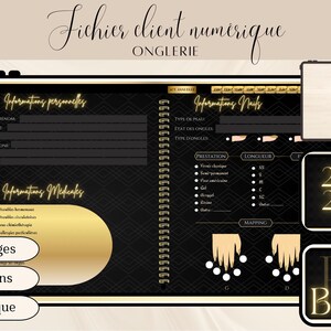 Puede incluir: Libro de registro digital de clientes de uñas con un diseño negro y dorado. El libro incluye secciones para información personal y médica, servicios de uñas y opciones de longitud. El texto "NAILS CLIENT RECORD BOOK" es visible en una pantalla más pequeña. El texto "2025" también es visible.