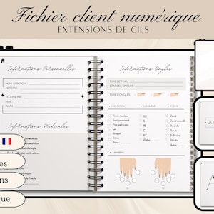 Peut inclure: Fichier client numérique pour extensions de cils. Le cahier ouvert affiche des formulaires d'informations personnelles et ongulaires. Des pages supplémentaires incluent une table des matières, un calendrier 2026 et une page avec la lettre "A".