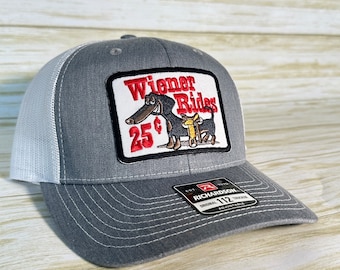 Wiener Rides! Grey Trucker Hat, Funny Hat, Retro Hat, Personalized Hat, High Crown, Hunting Hat, Fishing Hat, Adult Size