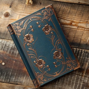 Carnet cartonné : Art nouveau - bleu/bronze, trait, « Reliure en cuir »-Collection