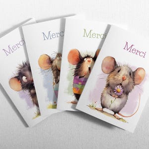 Lot de 4 ou 8 Unique cartes remerciements. Souris,  écoresponsables et biodégradables. Fabriquées à partir de 100% papier recyclé.