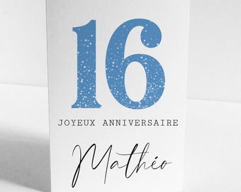 Cartão de aniversário personalizado para 16 anos. Único, ecológico e biodegradável. Feito com papel livre de árvores.