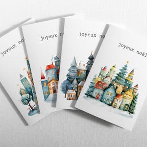 Ensemble de 8 Belles cartes de Noël. Beaux Villages,  écoresponsables et biodégradables. Fabriquées à partir de 100% papier recyclé.