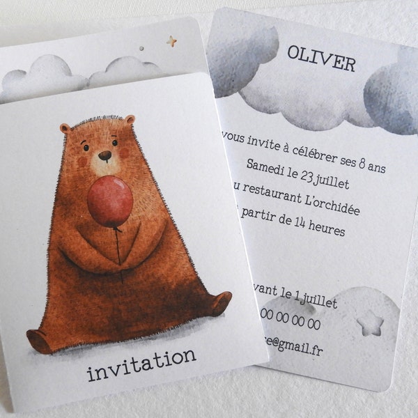 Carte d'invitation anniversaire unique et écoresponsable à personnaliser, Carte d'invitation Bear.