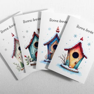 Lot de 8 jolies cartes de vœux écoresponsables et originales. Cartes fabriquées à partir de 100% papier recyclé. Nichoirs Bonne Année.