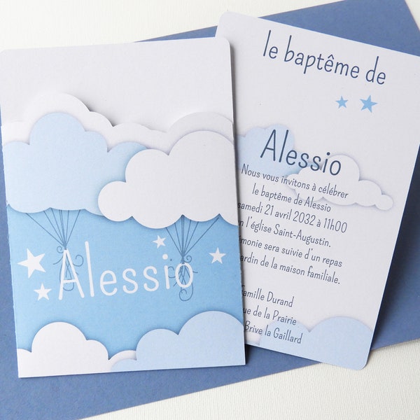 Faire-part de Baptême unique et écoresponsable à personnaliser, Carte d'invitation Baptême - Nuage Bleu.