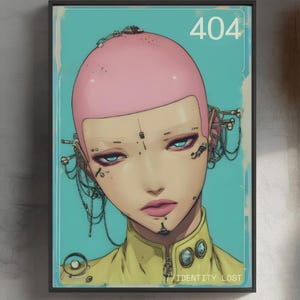 404 // Identity Lost — Minimal Futuristic Android Girl Poster | Cyberpunk Anime Art | Digital Download