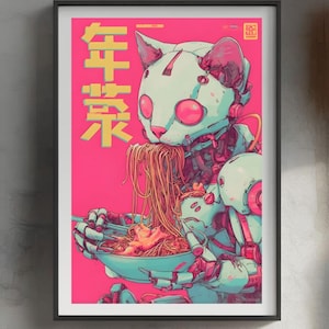 Cyberpunk Cat Ramen Poster: Neon Robot Anime Art (Digital Download