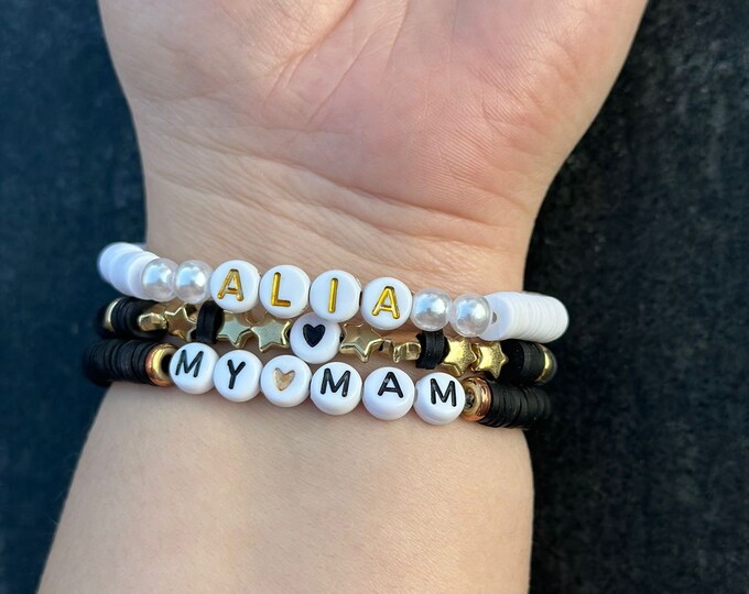 Featured listing image: Name Bracelets | Custom Bracelet | Beaded Bracelet | Heishi Bracelet | Personalized Name Bracelet | Mama Bracelet