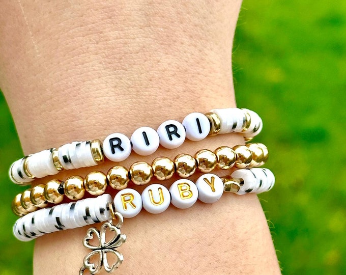 Featured listing image: Personalized Name Custom Beaded Word Bracelet | Personalized Bracelet |Champagne Gold Silver Heishi | Mama Mum Mummy Mom Daddy | Women Heart