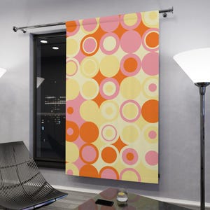 Mid-Century Modern Curtain – Retro Pink, Orange & Yellow Geometric Circle Pattern – Abstract Window or Room Divider – Dopamine Decor