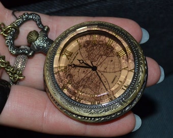 Chaîne de montre de poche Géographie, montre collier, cadeau d'anniversaire pour lui, homme femme, montre de poche ancienne, boîtier de montre mécanique