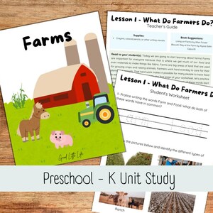 May include: A printable preschool unit study about farms. The colorful worksheets feature illustrations of a farm with a red barn, a tractor, a horse, and a pig. The text on the worksheets includes the words "Farms", "Lesson 1 - What Do Farmers Do?", "Teacher's Guide", "Student's Worksheet", and "Preschool - K Unit Study".