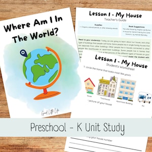 Könnte beinhalten: Ein farbenfrohes Arbeitsblatt für Vorschulkinder über verschiedene Arten von Häusern. Das Arbeitsblatt enthält einen Globus, ein Haus, ein Reihenhaus, ein Mehrfamilienhaus und ein Wohnmobil. Der Text auf dem Arbeitsblatt lautet "Lektion 1 - Mein Haus" und "Arbeitsblatt des Schülers".