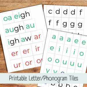 May include: Printable letter and phonogram tiles for learning phonics. The tiles are white with black letters and green and red phonograms. The tiles include letters like c, d, f, g, and phonograms like 'oa', 'eigh', 'igh', 'aw', 'ar', 'er', 'ir', 'ur', 'or', and 'oo'.