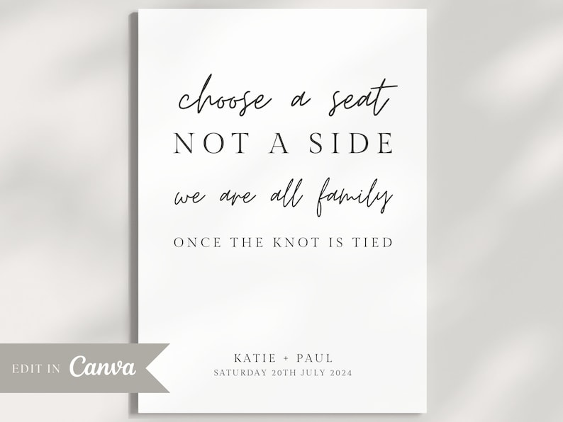 Pick A Seat Not A Side Wedding Sign Template | Minimalist Ceremony ...