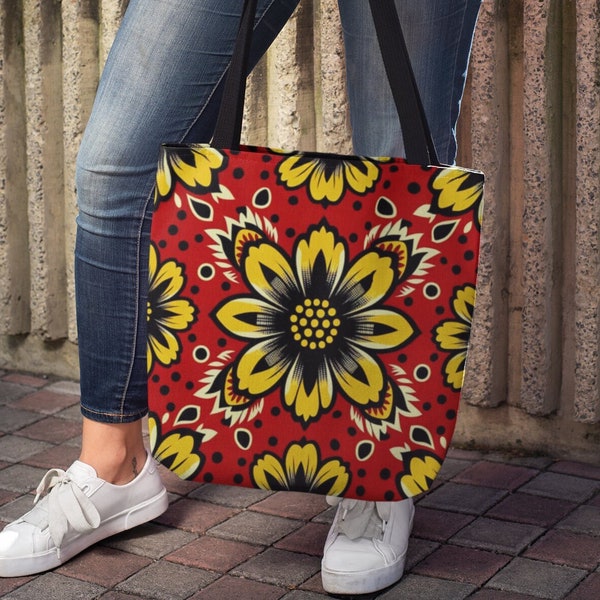 Vibrant Yellow Floral Tote Bag  African Fabric Inspired - Red and Black Pattern  Cotton Handle - Non-Woven Laminate Africanprint Totebags