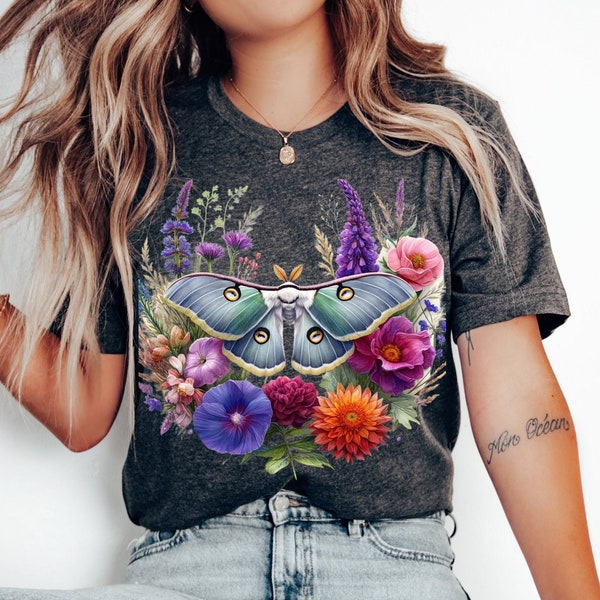 Luna Moth Shirt Witchy LunaMoth Gothic Tee Cottagecore Luna Moth Floral Top Magical Moon Moth Garden Shirt Botanical Wildflower Gift For Her