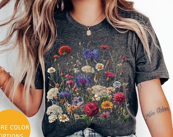 Camiseta estampada con flores vintage para mujer, camiseta de estilo cottagecore de gran tamaño, camiseta de flores silvestres de verano, camiseta de flores, regalo para amantes de la naturaleza, top