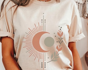 Celestial Moon and Sun T-Shirt, Moon Phase Graphic Tee, Cottagecore Sun Shirt, Mystical Astrology Top, Summer Celestial Shirt, Gift for Her