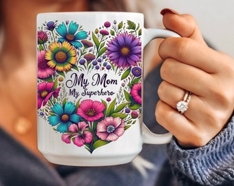 Floral Mom Mug 15oz - Best Mom Ever, Cute Ceramic Coffee Mug for Mother's Day, Birthday Gift for Mom, Plant Mom Tea Cup