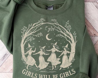 Vintage Girls Will Be Girls Witch Sweatshirt , Funny Witch Vintage Sweatshirt, Vintage Halloween Women Sweatshirt, Witchy Vibes Sweatshirt