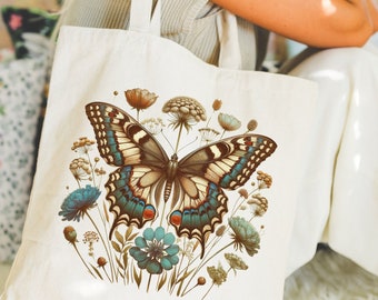 Boho Butterfly Canvas Tote Bag - Colorful Floral Shopper, Eco-Friendly Book & Grocery Bag, Unique Gift for Her