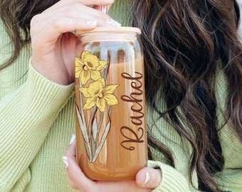 Personalized Birth Flower Glass Can, Custom Name Coffee Glass, Mother's Day Gift, Bridesmaid Proposal, Maid of Honor, Bridal Party Keepsake