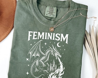 Camiseta de dragón feminista, camiseta gráfica de fantasía gótica, camiseta de empoderamiento feminista, camiseta retro de dragón de castillo, regalo estético vintage