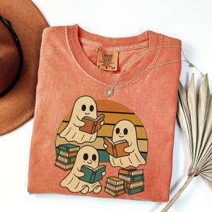 Retro Ghost Reading Books Shirt Comfort Colors, Halloween Teacher Tee, Librarian Halloween Shirt, Boo School Gift, Ghost Reading Shirt