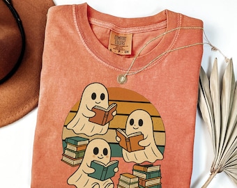 Retro Geist-Lesebücher-Hemd Komfortfarben, Halloween-Lehrer-T-Stück, Bibliothekar-Halloween-Shirt, Boo-Schulgeschenk, Geist-Lesehemd