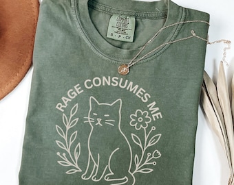 Camiseta "La ira me consume", camiseta con meme de gato tierno, camiseta divertida con gatito sarcástico, camiseta de salud mental con colores cottagecore y confort.