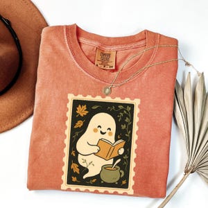 Retro Ghost Reading Books Shirt Comfort Colors, Halloween Teacher Tee, Librarian Halloween Shirt, Boo School Gift, Ghost Reading Shirt