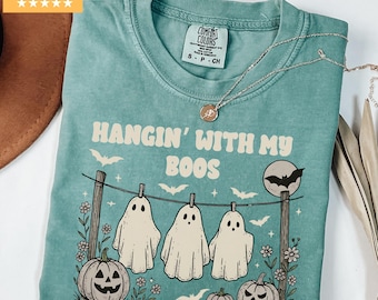 Camiseta retro con colores fantasmales, divertida camiseta de Halloween, camiseta de temporada espeluznante, bonita camiseta de otoño para mujer, regalo grupal de Halloween, temporada espeluznante