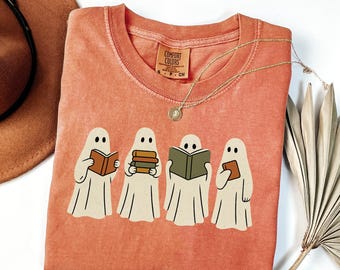 Comfort Colors® Ghost Reading Books Shirt, Bookish Halloween Shirt, Teacher Librarian Halloween Gift, Halloween Book Lover, Halloween School