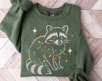 Sudadera navideña de mapache, jersey navideño de mapache, divertido jersey de cuello redondo de mapache, bonito suéter navideño de animales, top navideño acogedor de animales