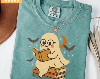 Retro Geist-Lesebücher-Hemd Komfortfarben, Halloween-Lehrer-T-Stück, Bibliothekar-Halloween-Shirt, Boo-Schulgeschenk, Geist-Lesehemd