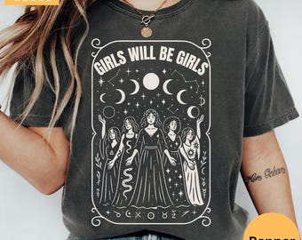 Koszula Vintage Girls Will Be Girls Witch Comfort Colors, Koszula Celestial Coven Koszula Witch Vintage, Koszula damska Vintage Halloween, Koszulka Witchy