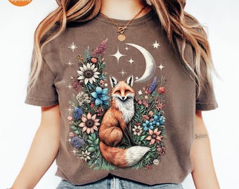 Comfort Color® Fox Shirt, Vintage Floral Cottagecore Shirt, Wildflower Meadow, Woodland Lover Gift for Her, Fairycore Tee, Forestcore Shirt