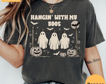 Camiseta retro con colores fantasmales, divertida camiseta de Halloween, camiseta de temporada espeluznante, bonita camiseta de otoño para mujer, regalo grupal de Halloween, temporada espeluznante