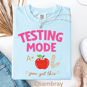 Könnte beinhalten: Hellblaues T-Shirt mit dem pinkfarbenen Schriftzug "TESTING MODE", einem Apfel, Bleistiften und dem Satz "you got this". Das Wort "Chambray" steht unten. Eine silberne Halskette liegt auf dem T-Shirt.