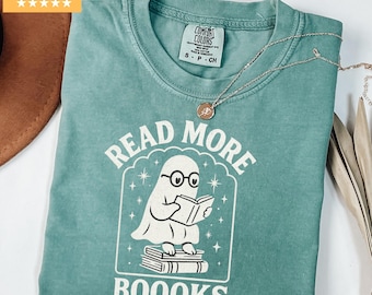 Comfort Colors® Ghost Reading Books Shirt, Bookish Halloween Shirt, Teacher Librarian Halloween Gift, Halloween Book Lover, Halloween School