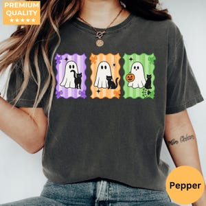 Halloween Black Cat & Ghost Comfort Colors Shirt, Halloween Ghost Tshirt, Spooky Season Cat Tee, Halloween Cute Women Outfit, Halloween Gift