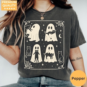 Halloween Black Cat & Ghost Comfort Colors Shirt, Halloween Ghost Tshirt, Spooky Season Cat Tee, Halloween Cute Women Outfit, Halloween Gift