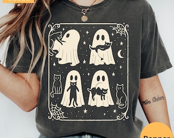Halloween svart katt & spöke komfortfärger skjorta, Halloween spöke t-shirt, läskig säsong katt t-shirt, söt Halloween-outfit för kvinnor, Halloween-present