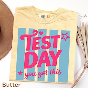 May include: A pale yellow t-shirt with the words "TEST DAY you got this" in pink, set against a blue striped background. The shirt has a crew neck and short sleeves. A gold necklace with a star pendant is on the shirt.