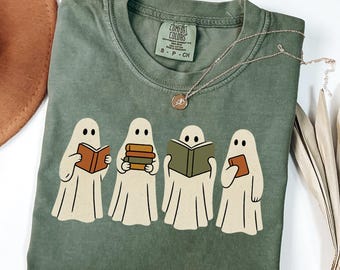 Comfort Colors® Ghost Reading Books Shirt, Bookish Halloween Shirt, Teacher Librarian Halloween Gift, Halloween Book Lover, Halloween School