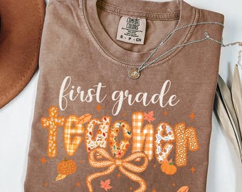 Comfortabele kleuren shirt leraar eerste leerjaar, T-shirt herfst leraar, shirt pompoen leraar, outfit herfst klas, leuk grafische T-shirt leraar cadeau
