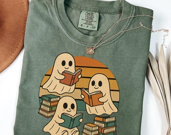 Retro Geist-Lesebücher-Hemd Komfortfarben, Halloween-Lehrer-T-Stück, Bibliothekar-Halloween-Shirt, Boo-Schulgeschenk, Geist-Lesehemd