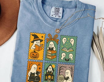 Comfort Colors® Ghost Reading Books Shirt, Bookish Halloween Shirt, Teacher Librarian Halloween Gift, Halloween Book Lover, Halloween School